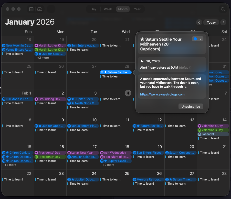 Personal transit calendar shown in Apple Calendar with starred transit events and descriptions